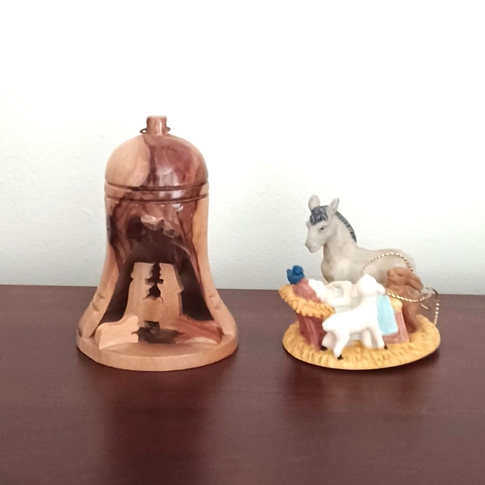Two Vintage Christmas Ornaments Olive Wood Nativity and Baby Jesus in Manger